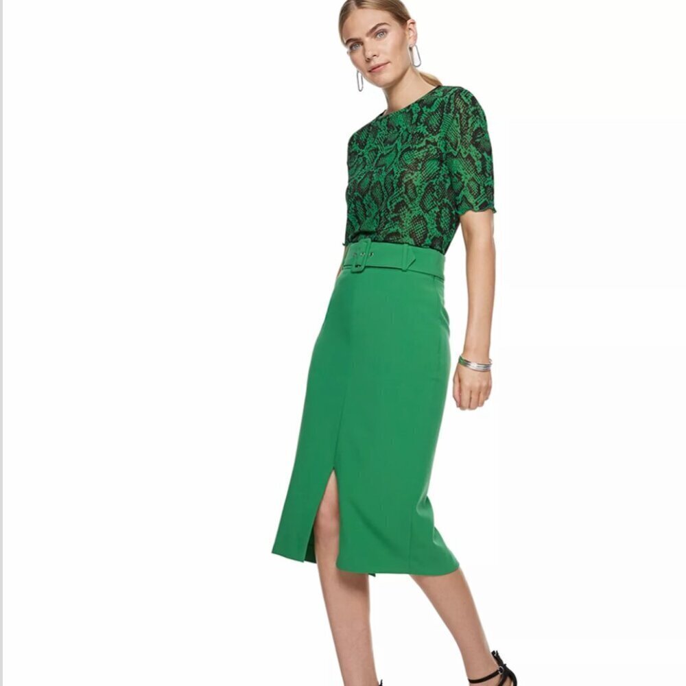 Nine West SZ 16 Green Belted Pencil Midi Skirt Career Modern Staple